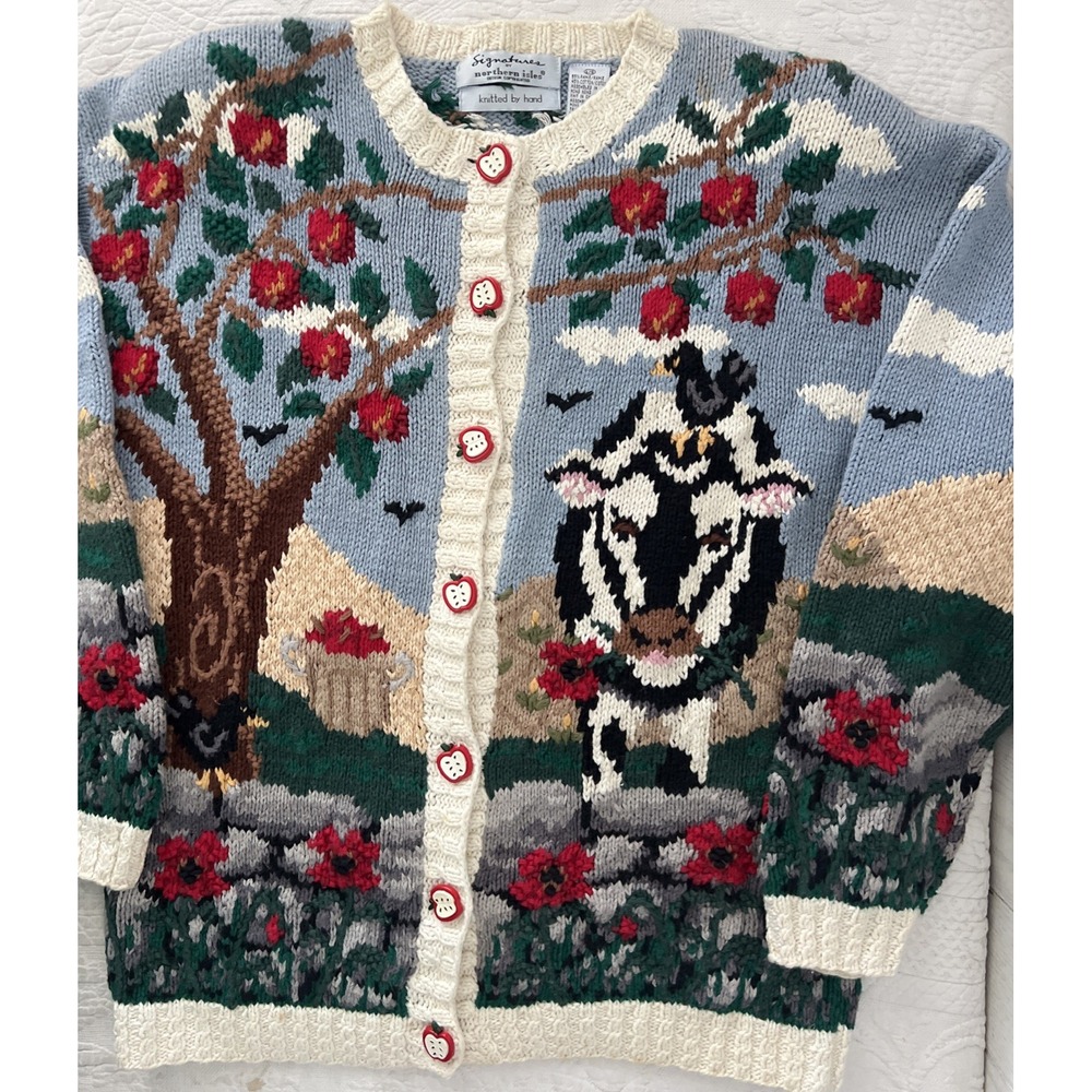 VTG Signatures Northern Isles Cow Farm Apples Orchard Cardigan Hand Knitted LG